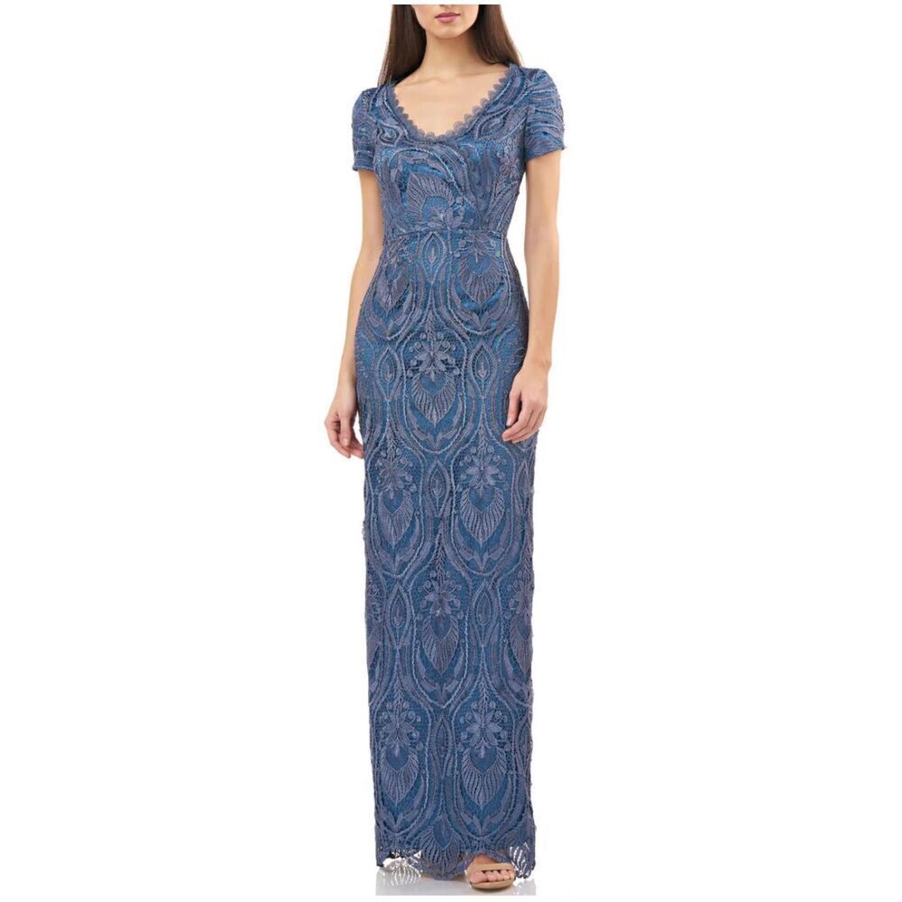 JS collections blue lace scalloped embroidered evening dress 8